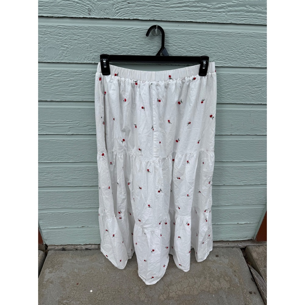 Cider White Cherry Embroidered Tiered Maxi Skirt Cottagecore Coquette Cotton XL - Picture 3 of 9
